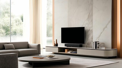 minimalist, living room, interior, design. A modern living room featuring a sleek TV unit, minimalist sofa, and a round coffee table, illuminated by natural light from large windows.
