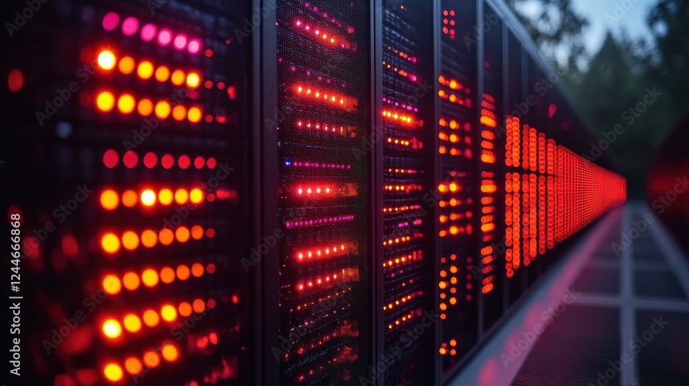 Aufkleber close-up view of illuminated led panels displaying vibrant red lights in a forest setting