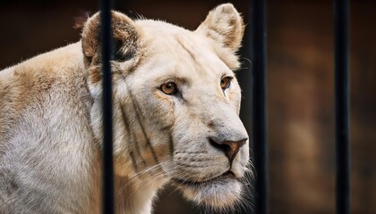 Naklejka premium Powerful and Majestic Lioness Gazing through Zoo Bars at Dusk, Showcasing Her Noble Beauty in a Serene Urban Environment on Januaryst,