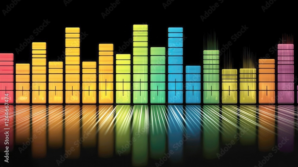 Poster abstract colorful music visualizer: dynamic sound waves, audio spectrum, and equalizer bars