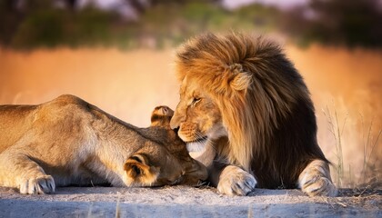Naklejka premium Vivid Interaction Between Two Majestic Lions in Chobe National Park, Botswana, Showcasing Their Intimate Bond Underneath the African Sun