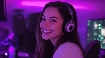 Young woman enjoys gaming in a vibrant room illuminated by purple lights while wearing headphones