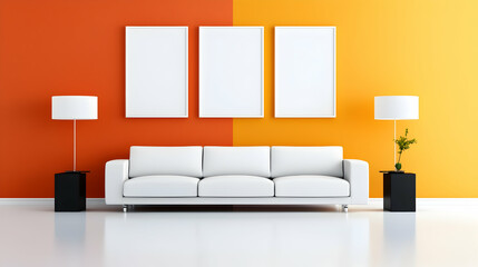 Modern living room interior design, orange and yellow walls, white sofa, empty frames