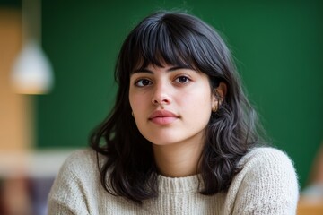 Young woman with dark hair wearing a sweater is sitting indoors in a cozy setting with green background
