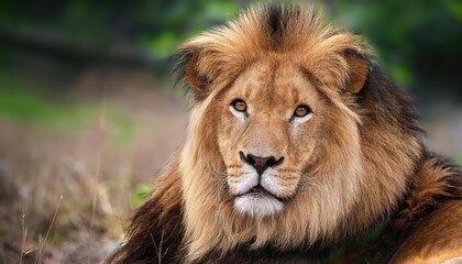 Fototapeta premium Aweinspiring Pride of Majestic Lions Basking in the Vibrant Savannah Sunset, Displaying Their Regal Aura Amidst the African Wilderness.