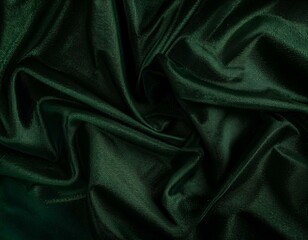 Fototapeta premium Green background. Folds on shiny fabric surface. Beautiful dark background with space for design.