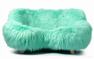 Mint fluffy sofa isolated on white. Modern mint furry sofa on wooden legs on white background