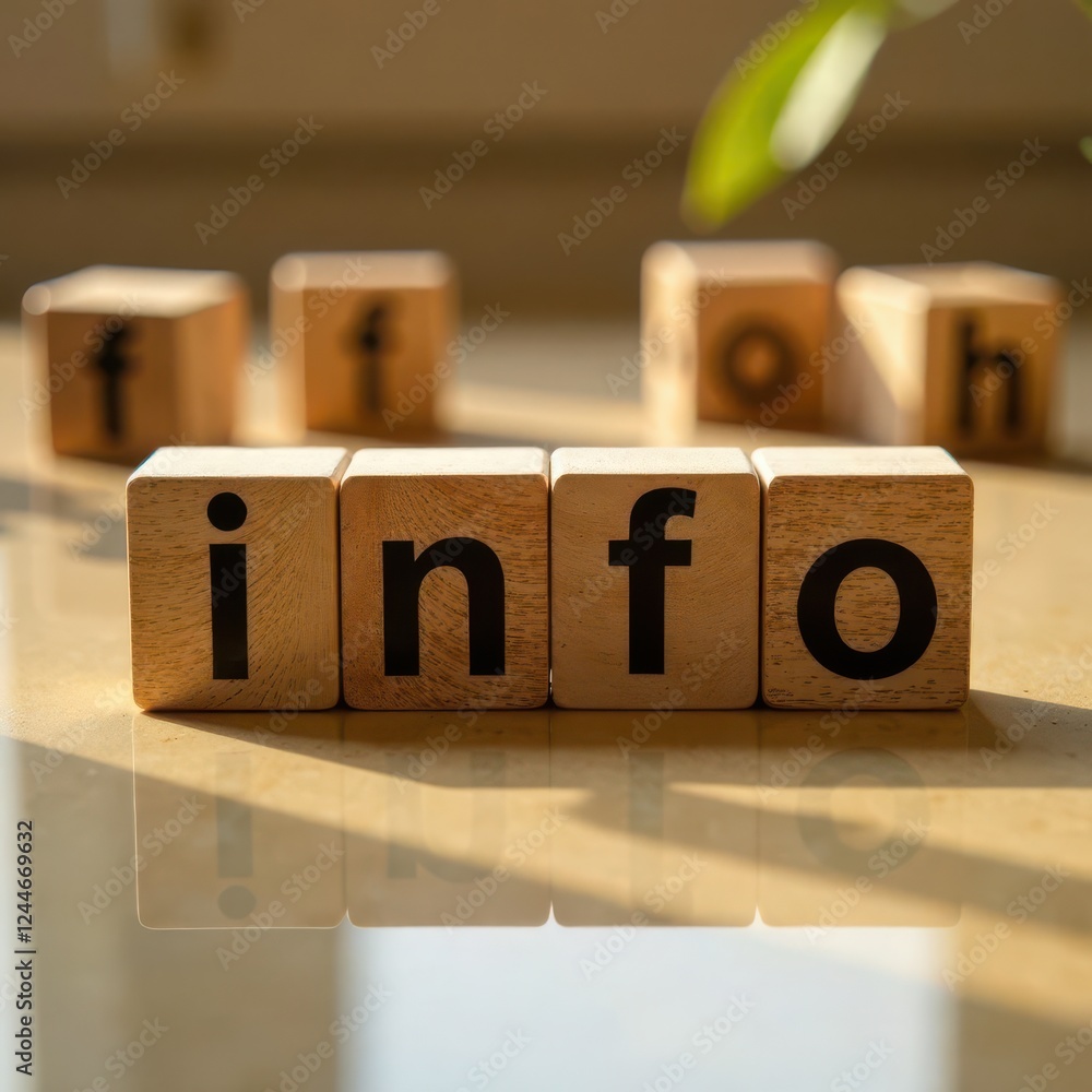 Poster wooden blocks arranged to spell out the word info rest on a light surface, illuminated by natural su