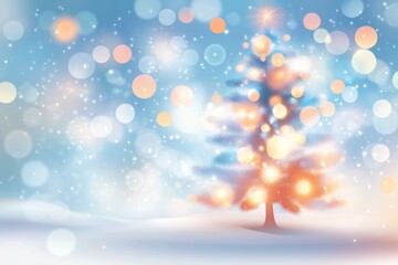 Winter wonderland with a decorated tree surrounded by colorful bokeh lights in a snowy landscape