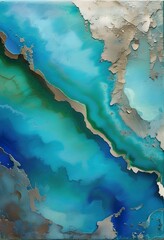 Fluid teal and deep blue resin art with gold leaf accents. Abstract oceanlike texture, creating a dynamic, luxurious visual effect. Modern artwork.