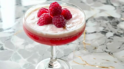 Elegant dessert creation with fresh raspberries on marble background, restaurant menu