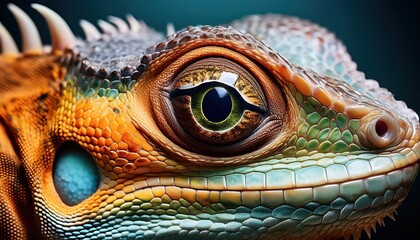 Fototapeta premium Vivid Close Up Portrait of a Green Lizards Intense Eye, Showcasing Striking Detail and Textured Scales in a Dynamic, Wilderness Moment on Januaryst, .