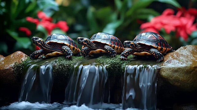 a group of tortoises in the mini waterfall