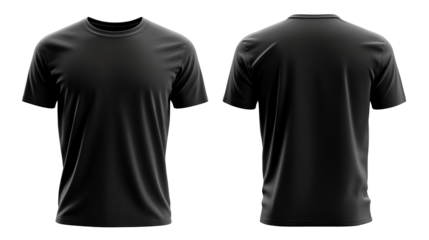 Black short sleeve t-shirt displayed from the front and back on a transparent background for casual wear and everyday use