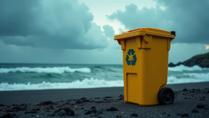 A bright yellow recycling bin sits alone on a black sandy beach as waves crash nearby. Dark clouds gather overhead, creating a dramatic atmosphere along the coastline. Copy space