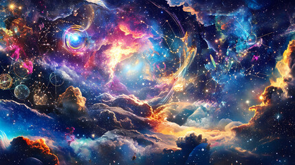 Celestial harmony. space themed backdrop with mapped zodiac constellations. Astral Projection Themes. Illustration