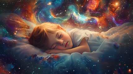 Child sleeping amidst a cosmic backdrop, symbolizing themes of lucid dreaming and astral travel. Astral Projection Themes. Illustration