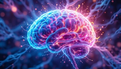 Fototapeta premium Human Brain Anatomy Neural Network Illuminated Neurons 3D Medical Illustration Glowing Synapses