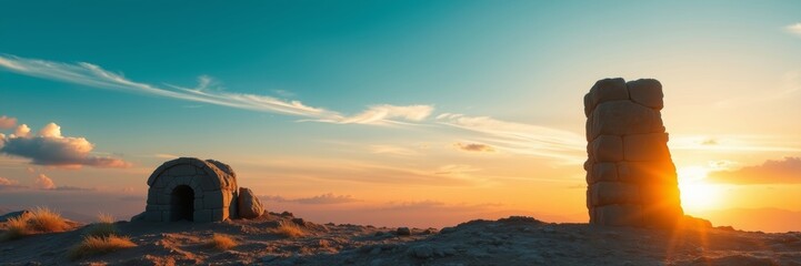 Fototapeta premium Sunset over ancient structures with a serene mood representing tranquility against a colorful sky