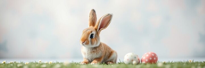 Obraz premium Cute rabbit with a playful mood sitting next to Easter eggs against a soft pastel background