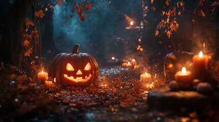 Naklejka premium Spooky Halloween scene featuring a glowing carved pumpkin surrounded by eerie blue smoke and autumn leaves in a dark atmospheric setting