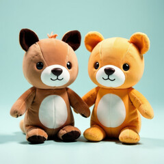 Fototapeta premium Two adorable stuffed animals sit side by side against a pastel background. One is a brown fox with pointed ears, while the other is a cheerful orange bear. They exude warmth and playfulness.