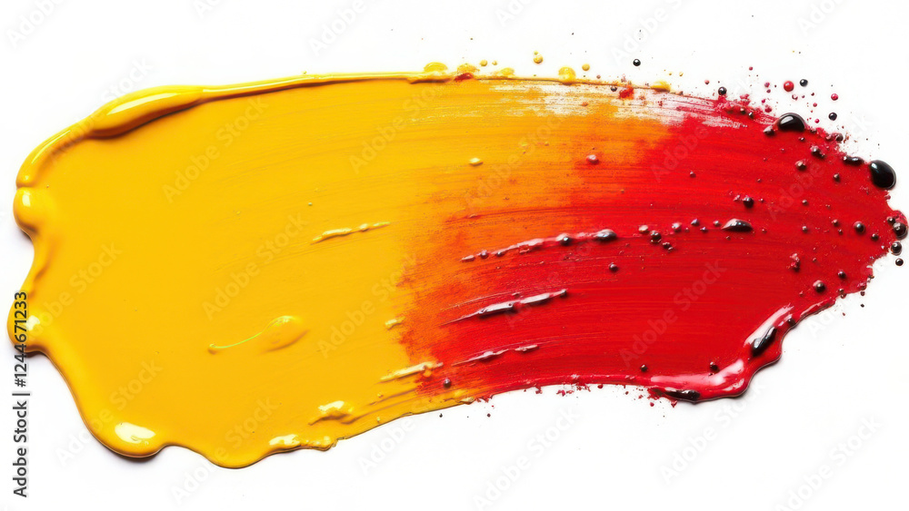Poster a vivid blend of yellow and red paint creates a striking visual element. the paint has a fluid textu