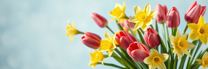 Obraz premium Colorful flowers with a cheerful vibe representing spring against a soft blue background