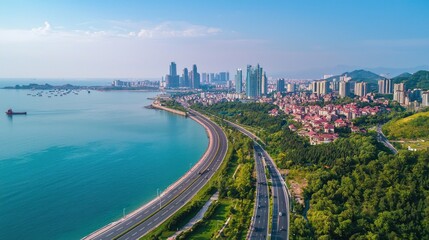 Fototapeta premium Coastal Cityscape Highway Ocean Skyline Buildings