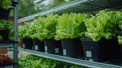 Fresh Green Lettuce Growing in Pots on Shelves in a Modern Urban Garden Space