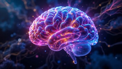 Luminous Human Brain Neural Network Glowing Synapses 3D Medical Illustration