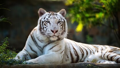Majestic White Tiger Lounging in the Enclosure of Dalian Forest Zoo Serene Moment Captured at Dusk, Showcasing the Power and Grace of a Snow Leopard
