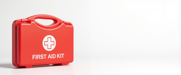 Red first aid kit with a white cross symbol displayed prominently against a light background, symbolizing health and safety, representing preparedness for emergencies