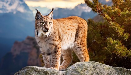 Obraz premium Majestic Lynx Perched on Rocky Cliffside A Captivating Moment of Wilderness Solitude in a Winters Twilight