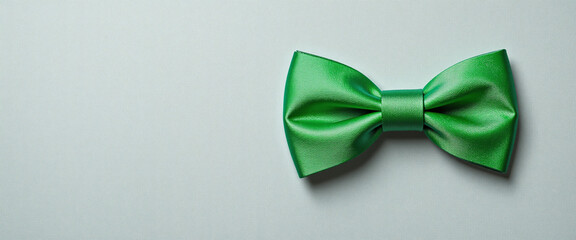 Green satin bow tie with a smooth finish representing festive celebrations against a light gray background