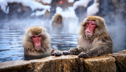 Naklejka premium Striking Macaques Gathering in Hot Springs Amidst Snowy Jigokudani Parks Winter Wonderland, Japan, Depicting the Playful Interaction of these Japanese Snow Monkeys in a Natural Hot Spring Oasis
