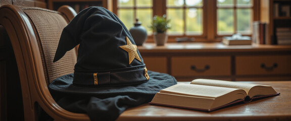 A whimsical wizard hat rests on a wooden table beside an open book, conveying a sense of enchantment and creativity, set against a cozy indoor backdrop with soft natural light