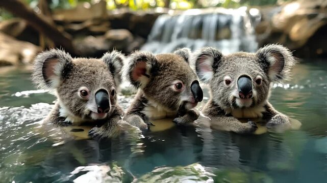 a group of adorable koala in water