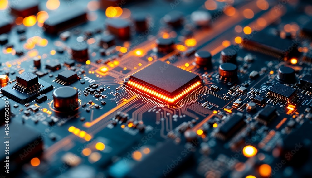 Poster illuminated cpu microchip on circuit board technology image