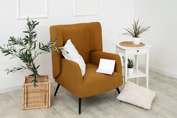 Modern interior of living room with brown armchair, pillows, coffee table and houseplant