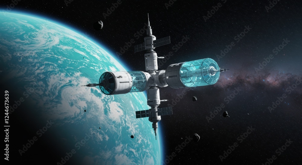 Poster futuristic space station orbiting blue planet with asteroids and stars in the background
