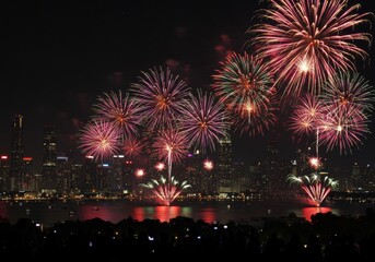 Vibrant fireworks illuminate night skyline over city waterfront celebration