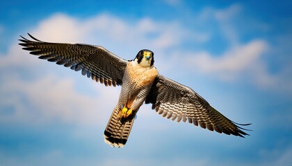 Majestic Peregrine Falcon Soars with Unbridled Freedom, Majestically Spreading Wings Against the Backdrop of a Wild and Vast Sky, Capturing the Endless Possibilities of Natures Majesty.