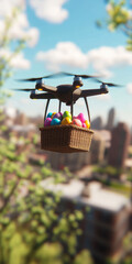 Drone carries a basket of Easter eggs in the air, innovating holiday delivery. Drone concept on delivery.