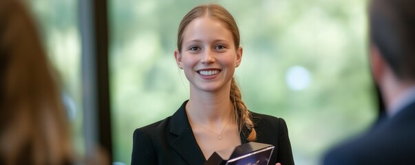 Female scientist receiving an award