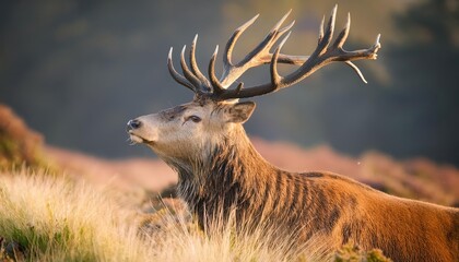 Striking Red Deer Stag in Winter Wonderland, Majestically Posing Against a SnowCovered Forest Backdrop, Showcasing Its Powerful Presence and Graceful Antlers.