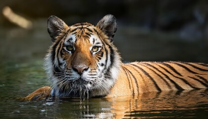Naklejka premium Majestic Sleeping Bengal Tiger Submerged in Water, Majestically Displaying His Power and Tranquility in a Lush Aquatic Environment, Capturing the Essence of Wildlife and Natures Beauty.