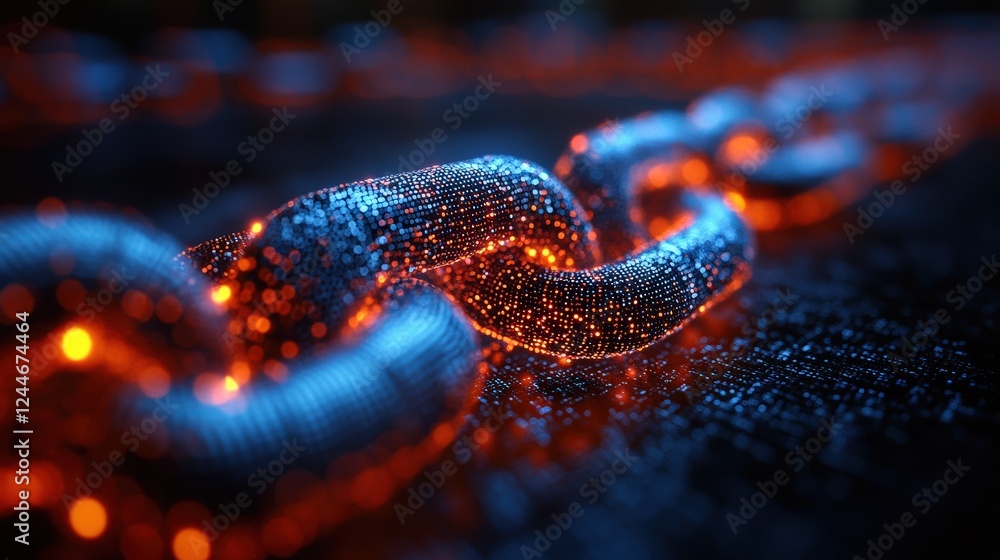 Poster close-up of a glowing chain link with sparkling details on a dark surface, creating a vibrant effect