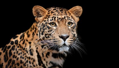 Naklejka premium Powerful Portrait of an Isolated Amur Leopard Against a Black Background A Captivating Symbol for Wildlife Conservation and Stunning Digital Art or Home Decor.