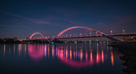 Obraz premium Illuminated urban bridge at night with stunning reflections over calm water